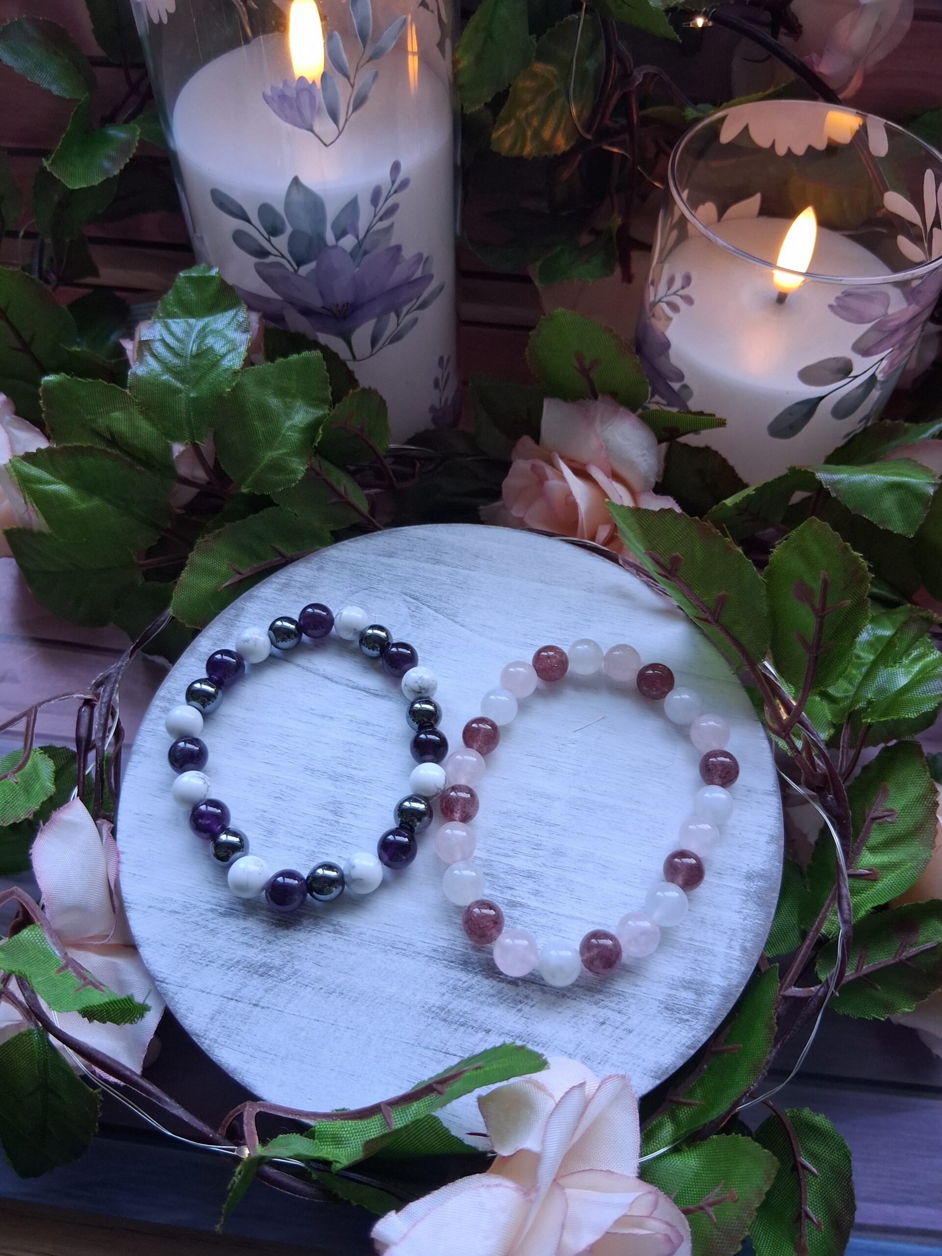 Amethyst, Howlite & Hematite Bracelet & Moonstone, Strawberry Quartz & Rose Quartz Bracelet